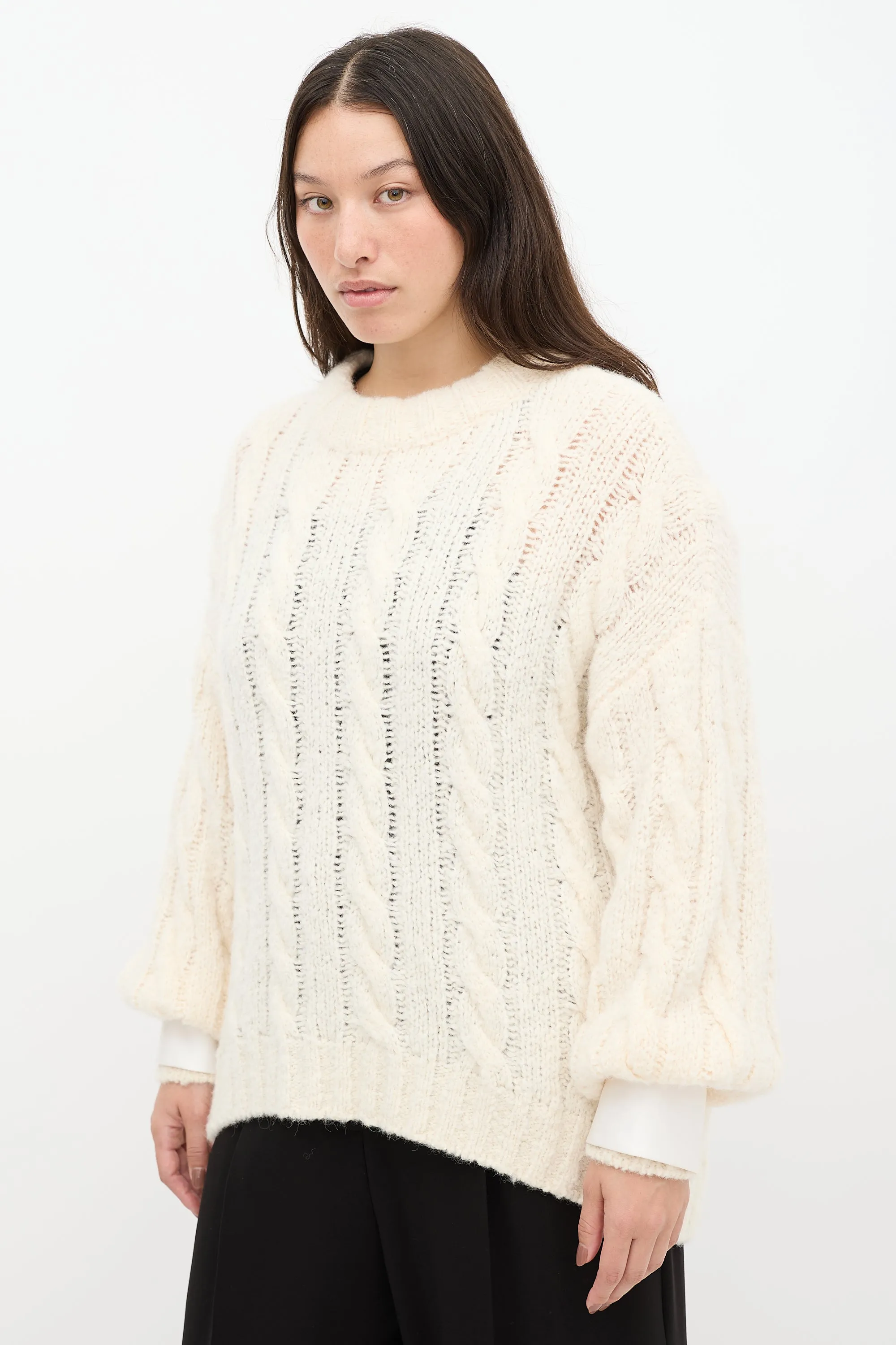 Cream Wool Knit Jewel Cuff Sweater