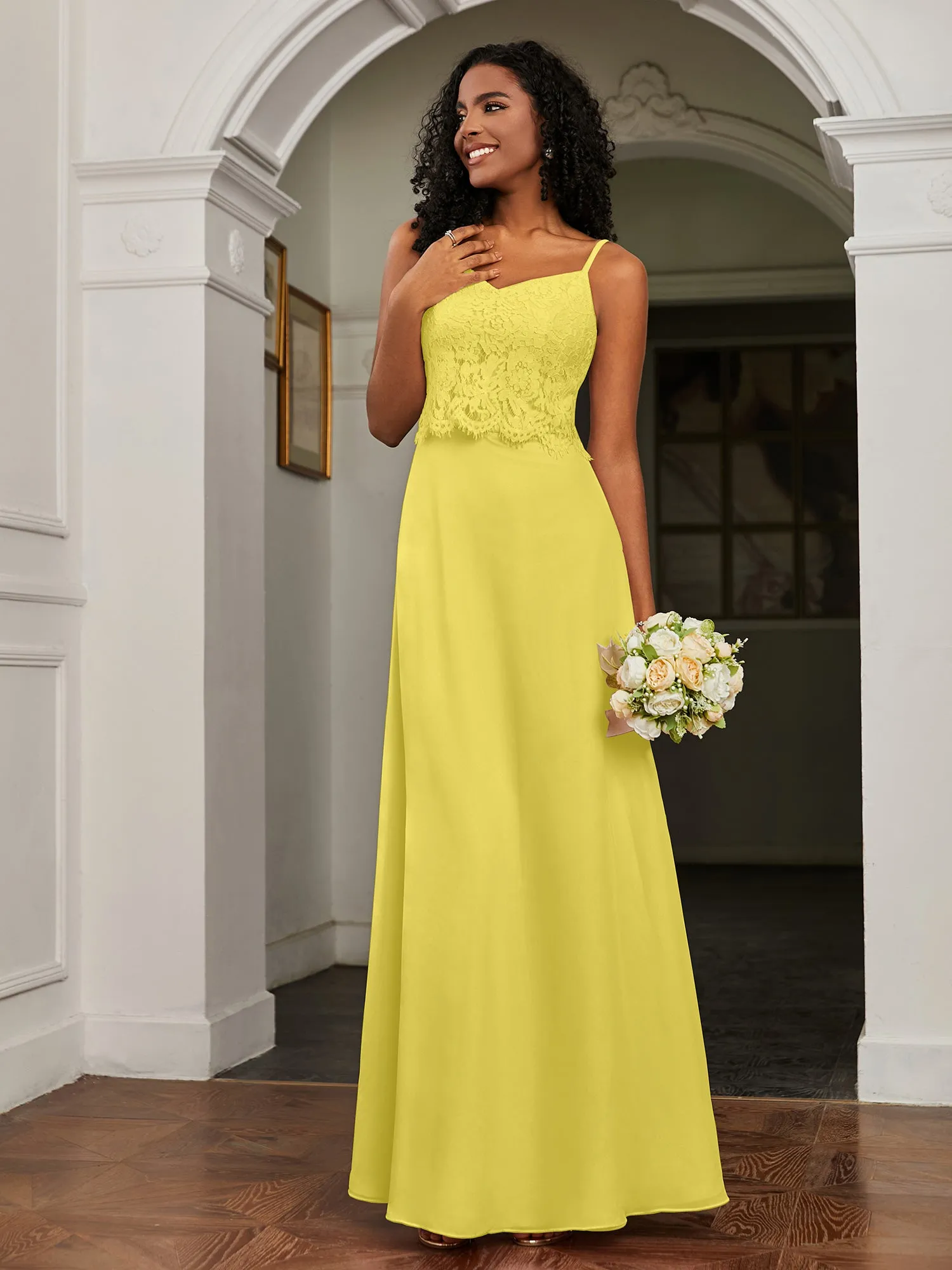 Lace Appliqued  Backless Chiffon A-Line Dress Lemon